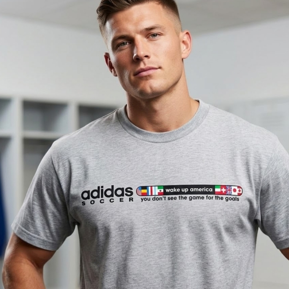 VINTAGE 2002 Adidas Soccer "Wake Up America" Graphic Tee - Heather Gray, Size L
